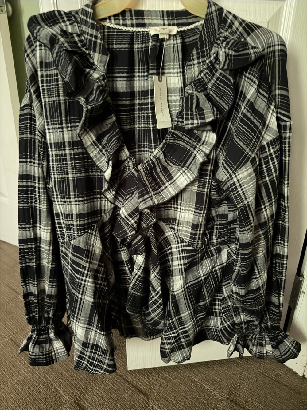 Anthropologie Black & White Plaid Ruffle-Front Blouse